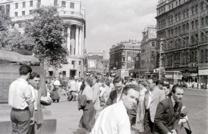 Street scene of men in typical 1950s clothing