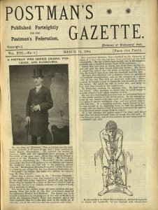 Front page of the Postman’s Gazette featuring a story about a postman who also performs as an escapologist. A photo shows him in top hat and formal coat. A cartoon shows him in chains.