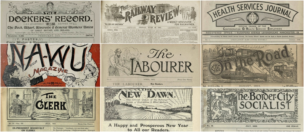 Three by three grid of union journal mastheads. Examples here include the sun rising over fields for New Dawn and people at desks for The Clerk. All images are from the period 1890 to 1940s.